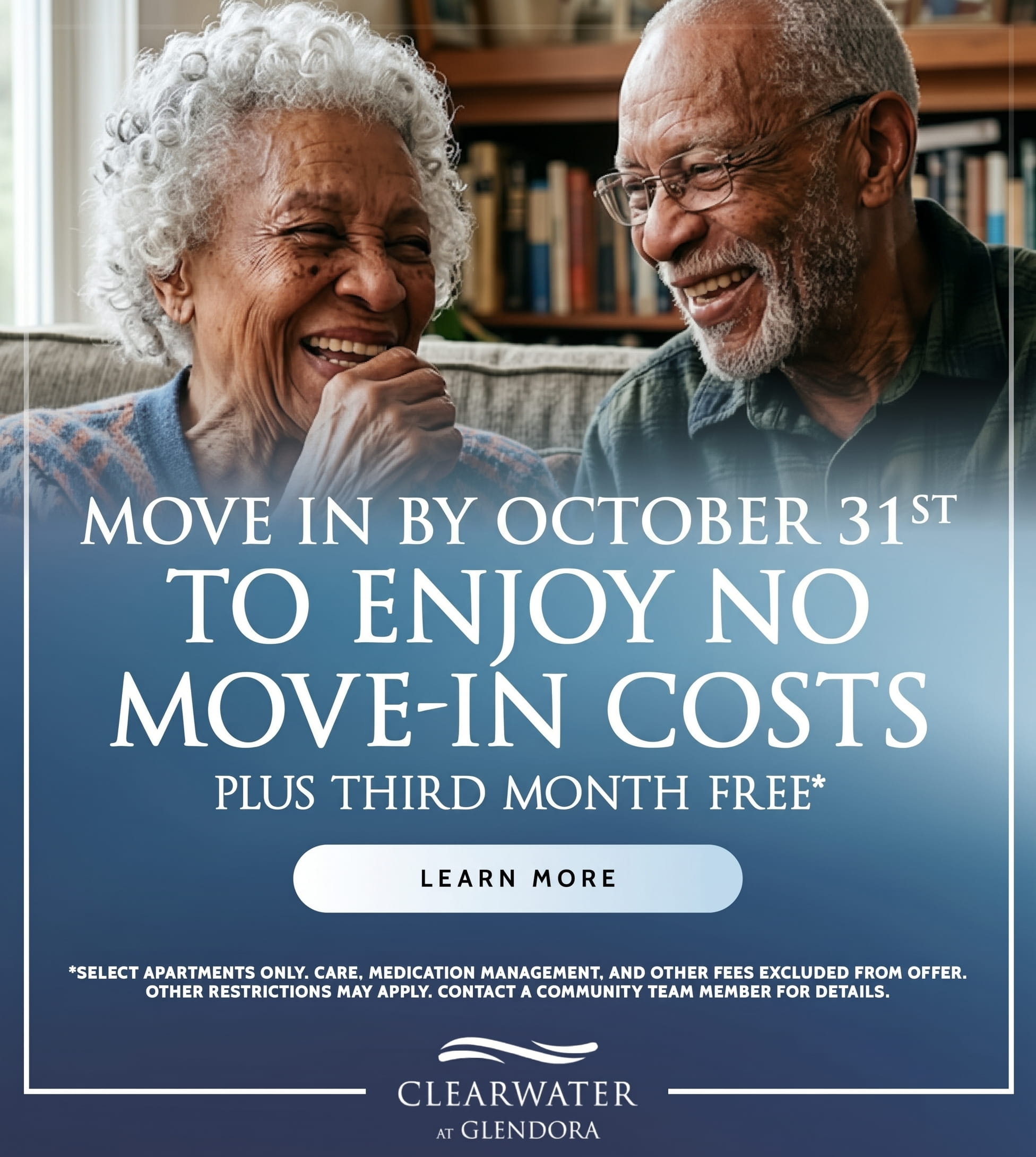 An elderly couple smiling together on a promotional banner: text about move-in costs and learn more button in a blue gradient background.